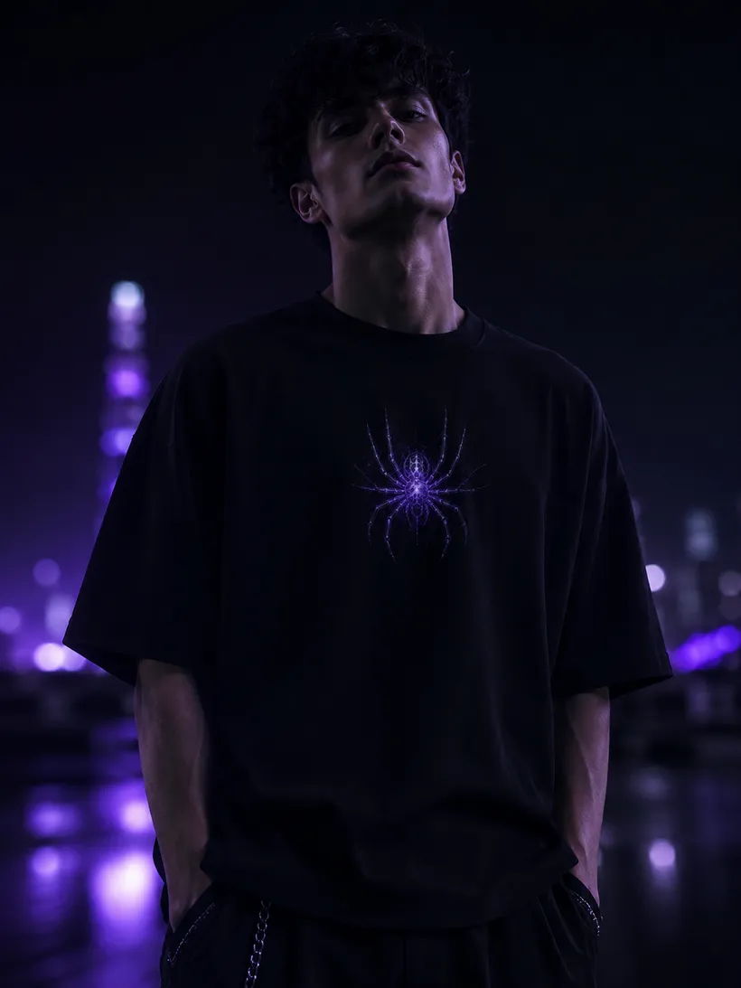 Model wearing a black Spider tee with a glowing violet spider graphic on the chest